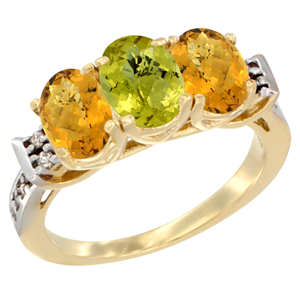 14K Yellow Gold Natural Lemon Quartz & Whisky Quartz Ring 3-Stone 7x5 mm Oval Diamond Accent, sizes 5 - 10