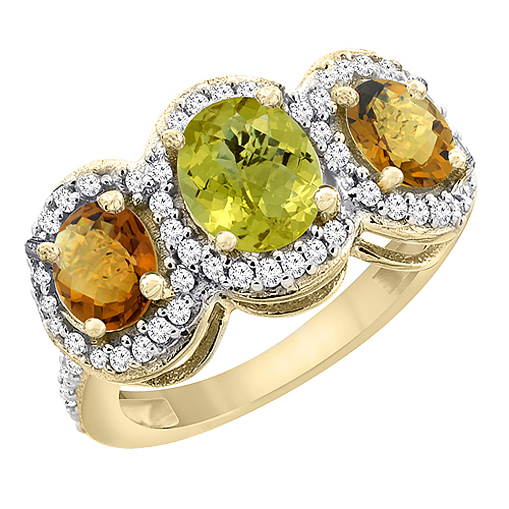 10K Yellow Gold Natural Lemon Quartz & Whisky Quartz 3-Stone Ring Oval Diamond Accent, sizes 5 - 10