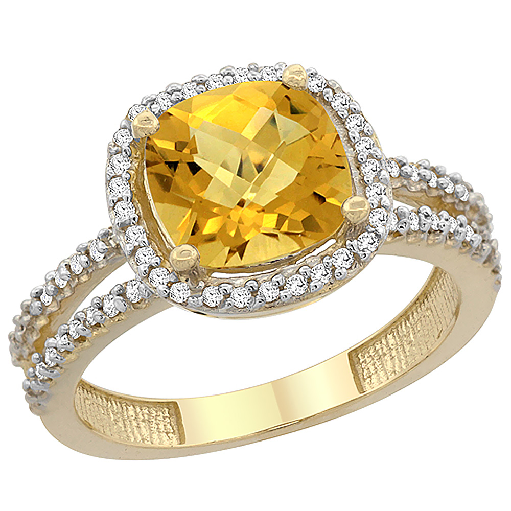 14K Yellow Gold Natural Whisky Quartz Ring Cushion-cut 8x8 mm 2-row Diamond Accents, sizes 5 - 10