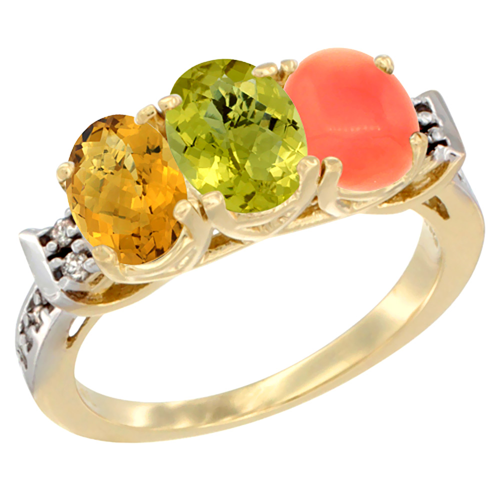 10K Yellow Gold Natural Whisky Quartz, Lemon Quartz & Coral Ring 3-Stone Oval 7x5 mm Diamond Accent, sizes 5 - 10