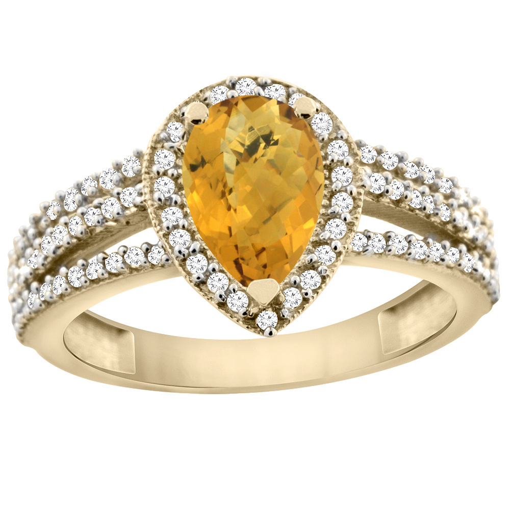 10K Yellow Gold Natural Whisky Quartz Ring 9x7 Pear Halo Diamond, sizes 5 - 10