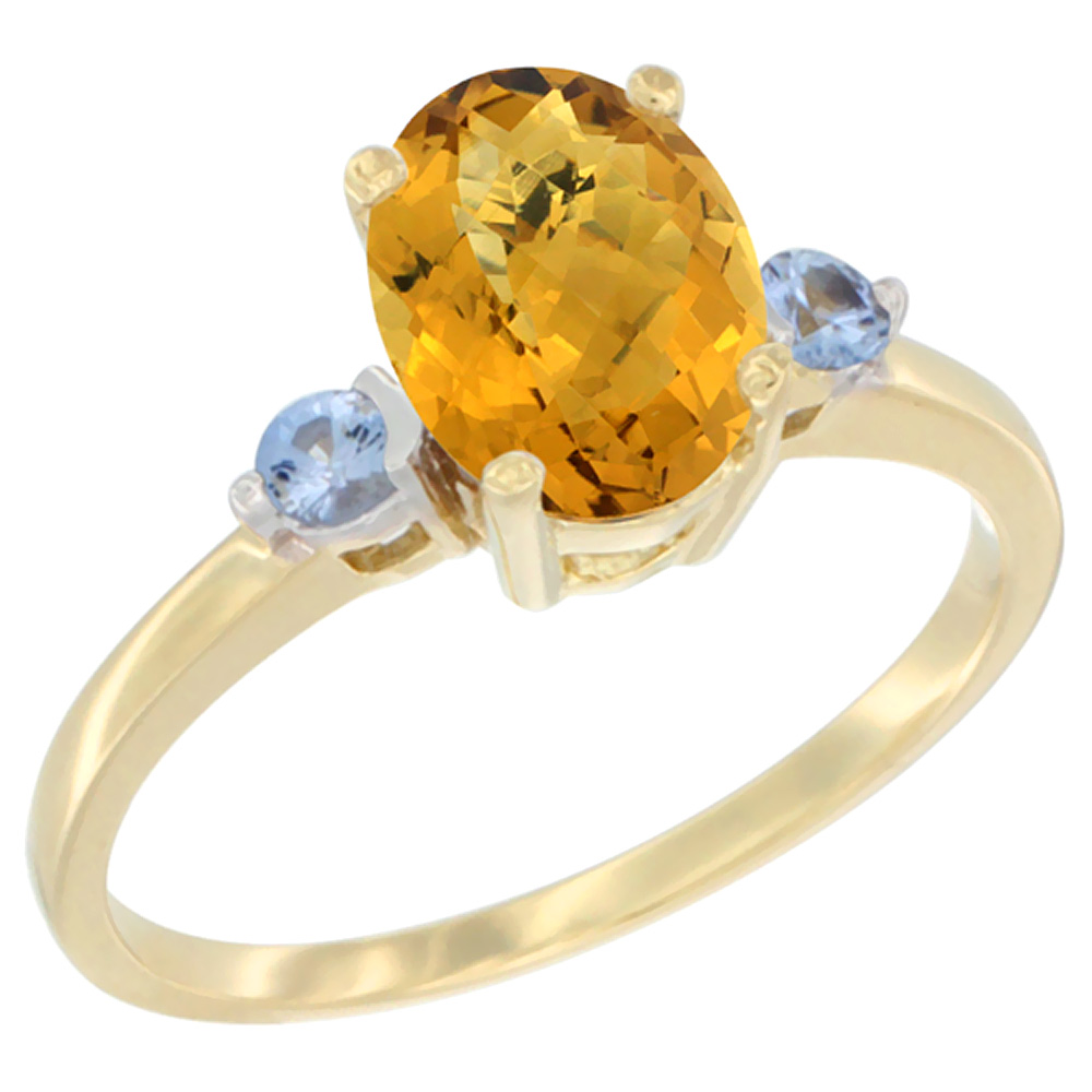 10K Yellow Gold Natural Whisky Quartz Ring Oval 9x7 mm Light Blue Sapphire Accent, sizes 5 to 10