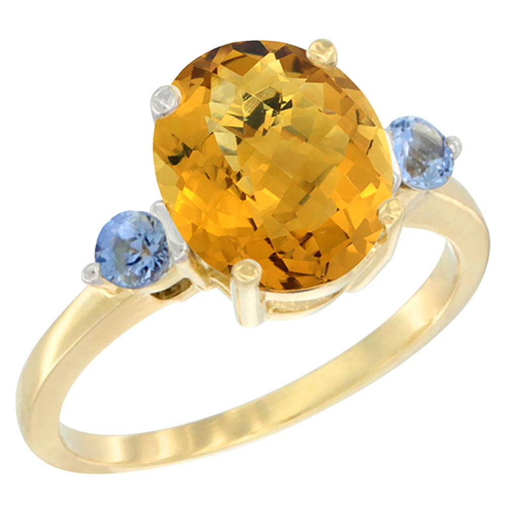 10K Yellow Gold 10x8mm Oval Natural Whisky Quartz Ring for Women Light Blue Sapphire Side-stones sizes 5 - 10
