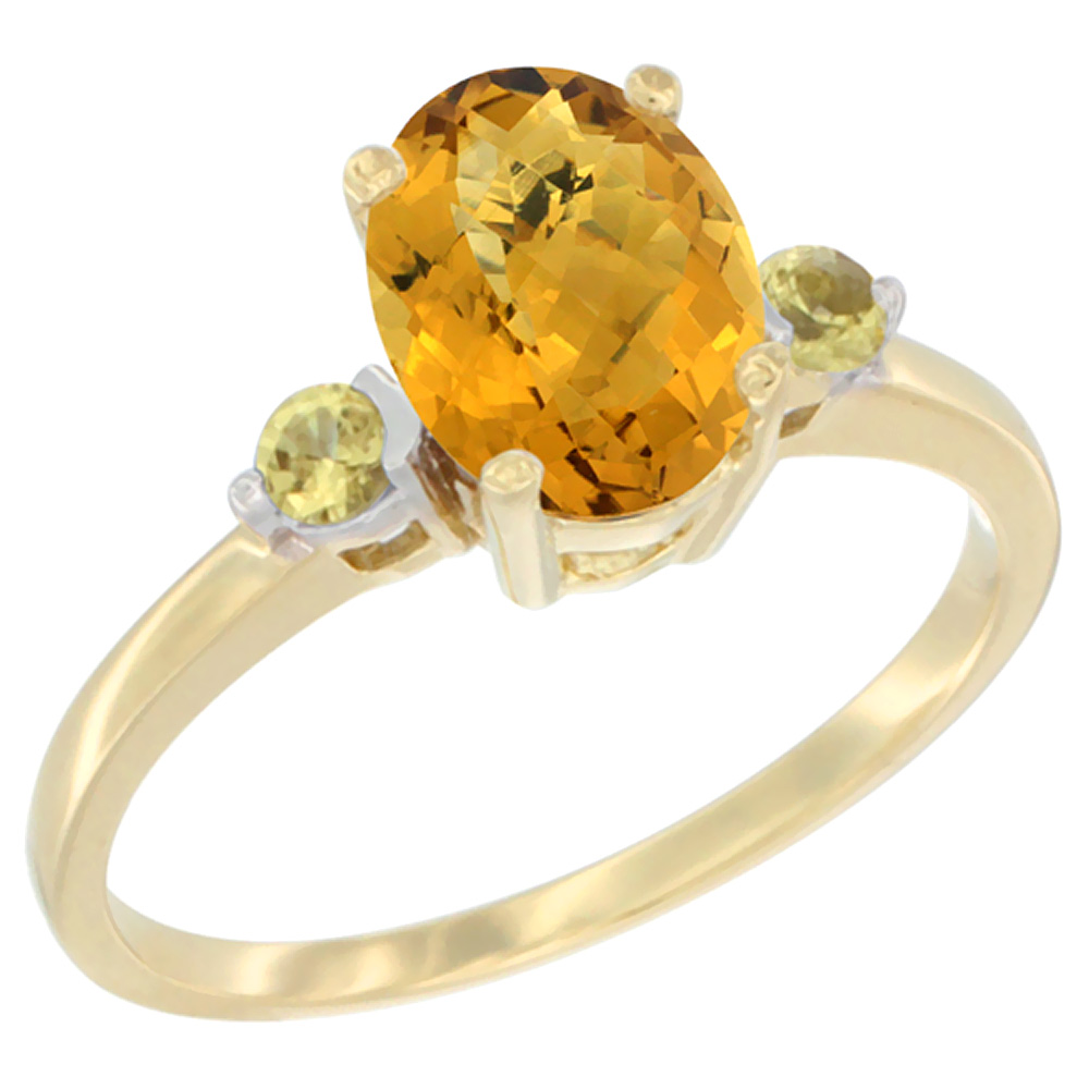 14K Yellow Gold Natural Whisky Quartz Ring Oval 9x7 mm Yellow Sapphire Accent, sizes 5 to 10