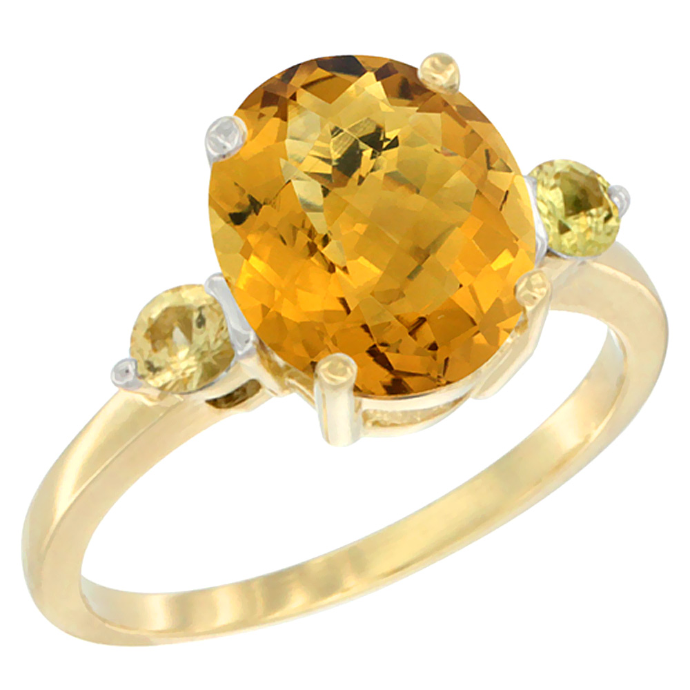 14K Yellow Gold 10x8mm Oval Natural Whisky Quartz Ring for Women Yellow Sapphire Side-stones sizes 5 - 10