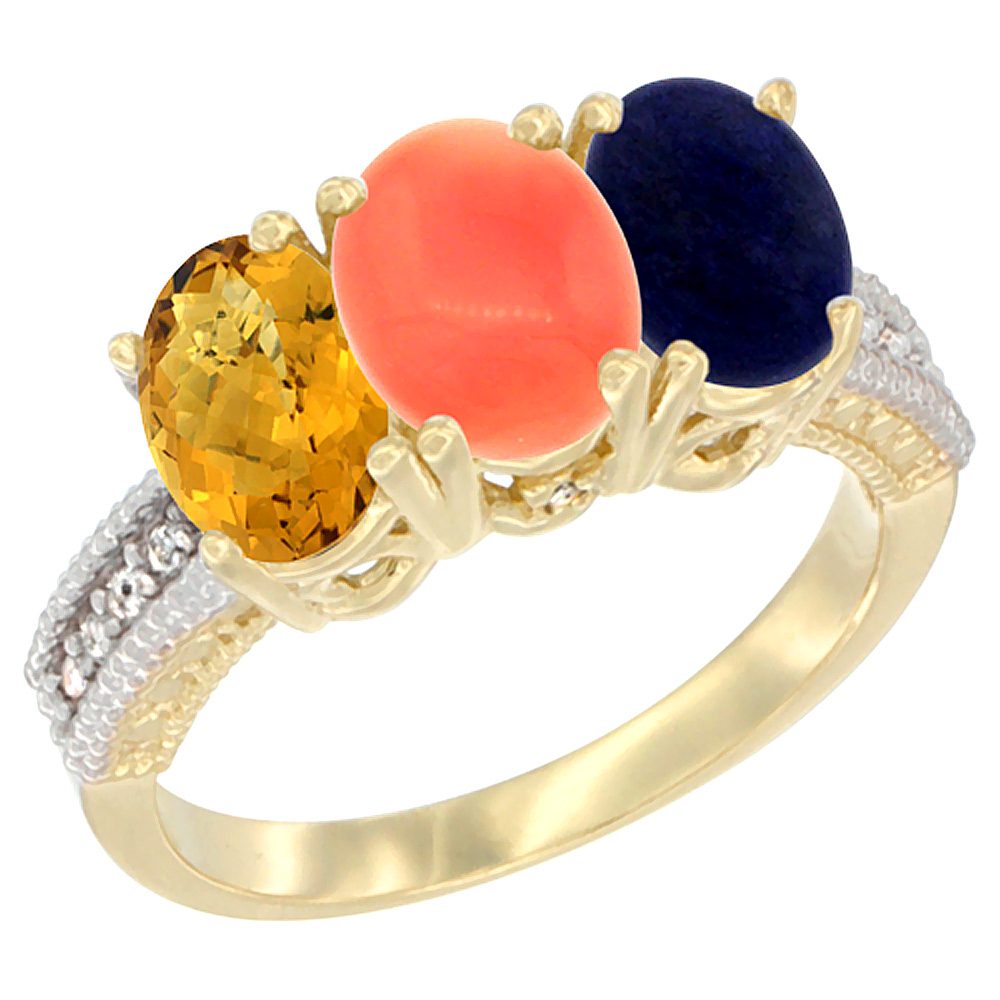 10K Yellow Gold Diamond Natural Whisky Quartz, Coral & Lapis Ring 3-Stone 7x5 mm Oval, sizes 5 - 10