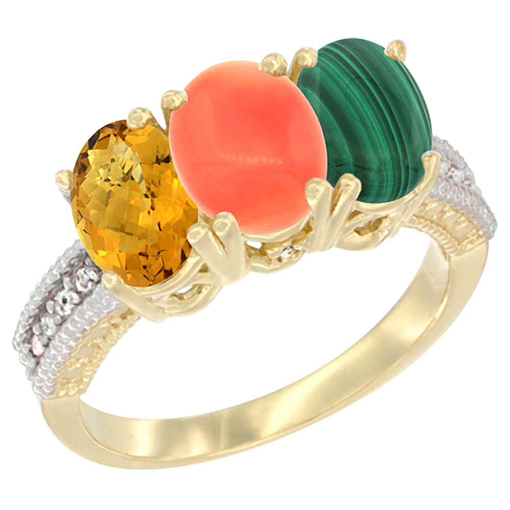 10K Yellow Gold Diamond Natural Whisky Quartz, Coral &amp; Malachite Ring 3-Stone 7x5 mm Oval, sizes 5 - 10