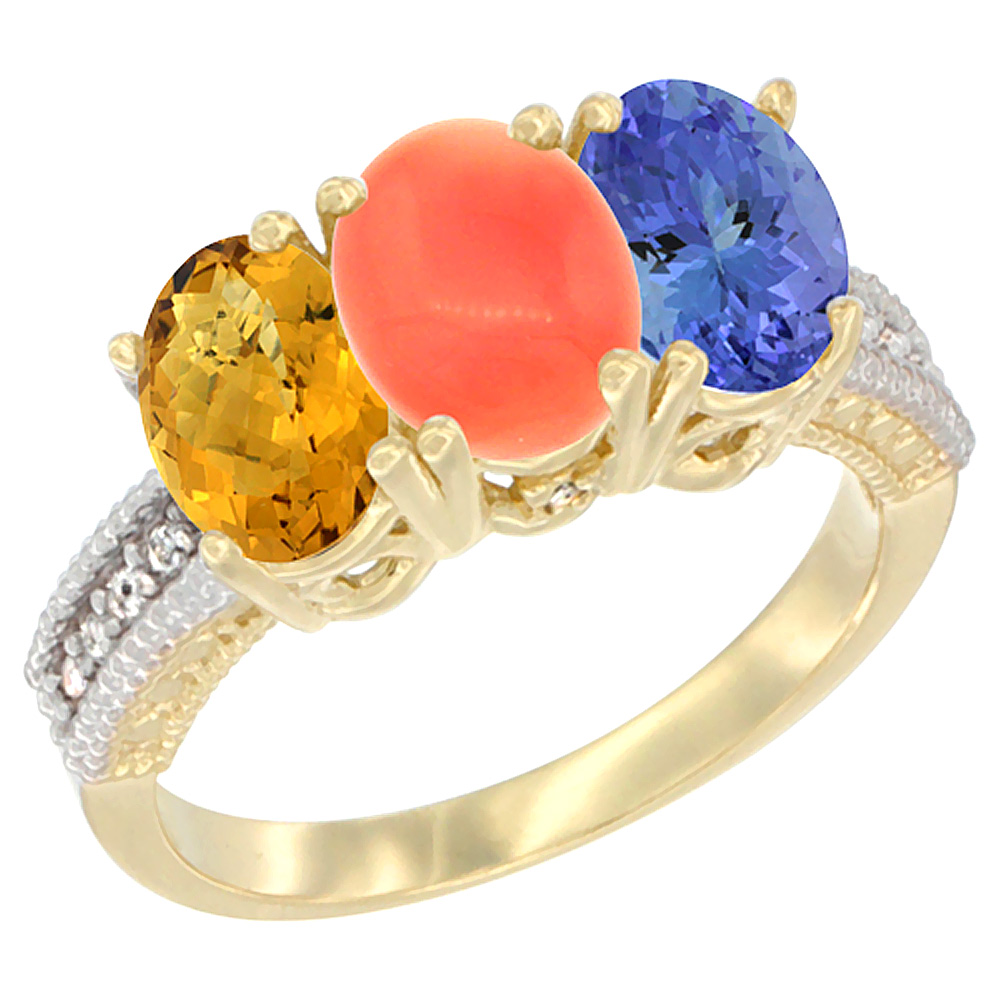 10K Yellow Gold Diamond Natural Whisky Quartz, Coral & Tanzanite Ring 3-Stone 7x5 mm Oval, sizes 5 - 10