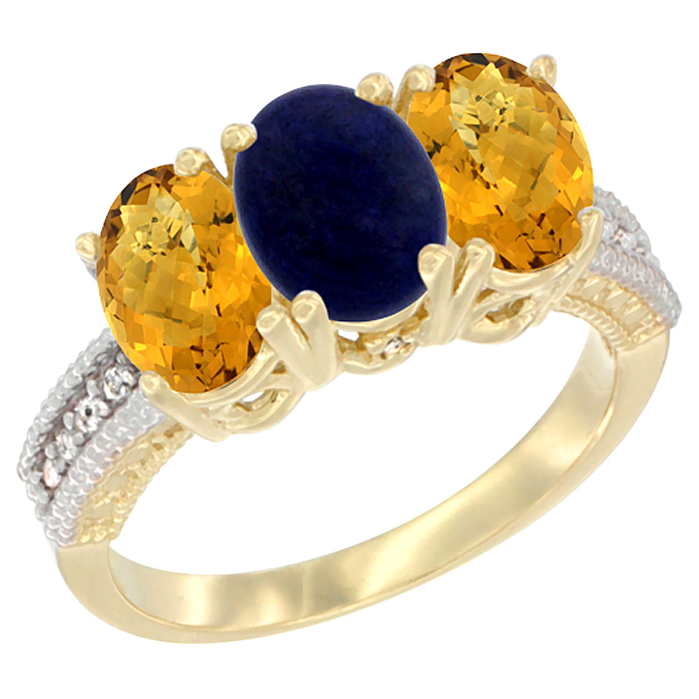 10K Yellow Gold Diamond Natural Lapis & Whisky Quartz Ring 3-Stone 7x5 mm Oval, sizes 5 - 10