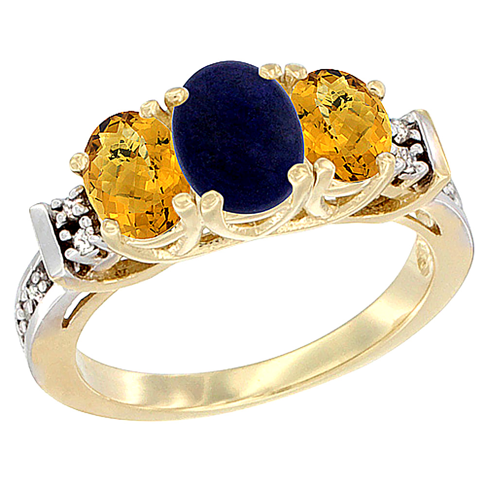 10K Yellow Gold Natural Lapis & Whisky Quartz Ring 3-Stone Oval Diamond Accent