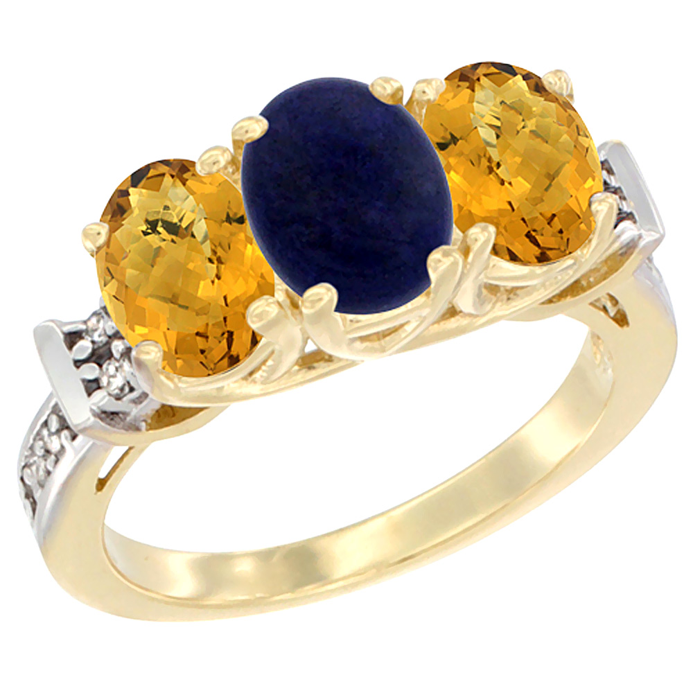 14K Yellow Gold Natural Lapis & Whisky Quartz Sides Ring 3-Stone Oval Diamond Accent, sizes 5 - 10