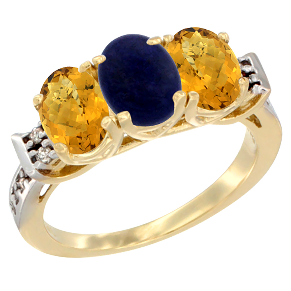 10K Yellow Gold Natural Lapis & Whisky Quartz Sides Ring 3-Stone Oval 7x5 mm Diamond Accent, sizes 5 - 10