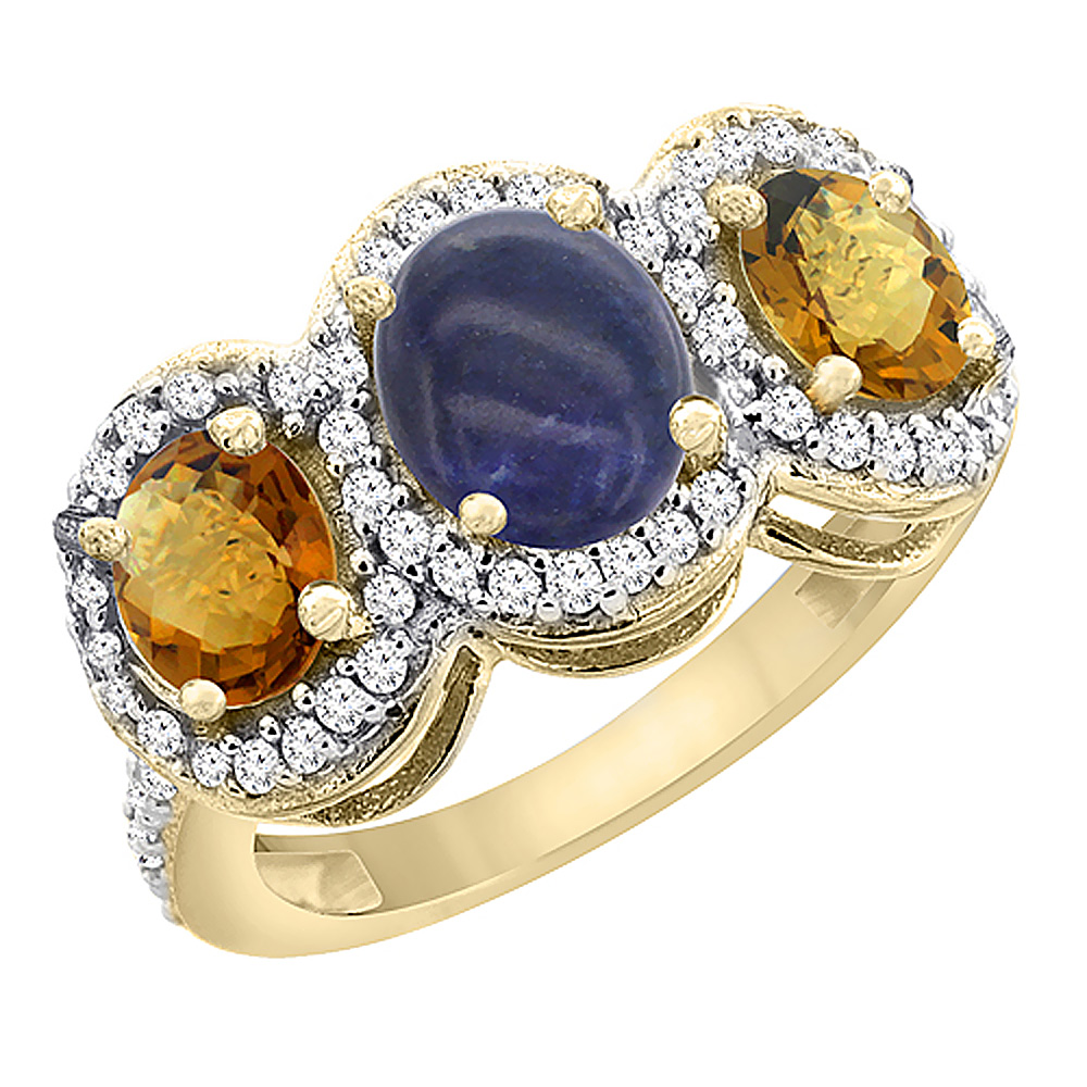 14K Yellow Gold Natural Lapis & Whisky Quartz 3-Stone Ring Oval Diamond Accent, sizes 5 - 10