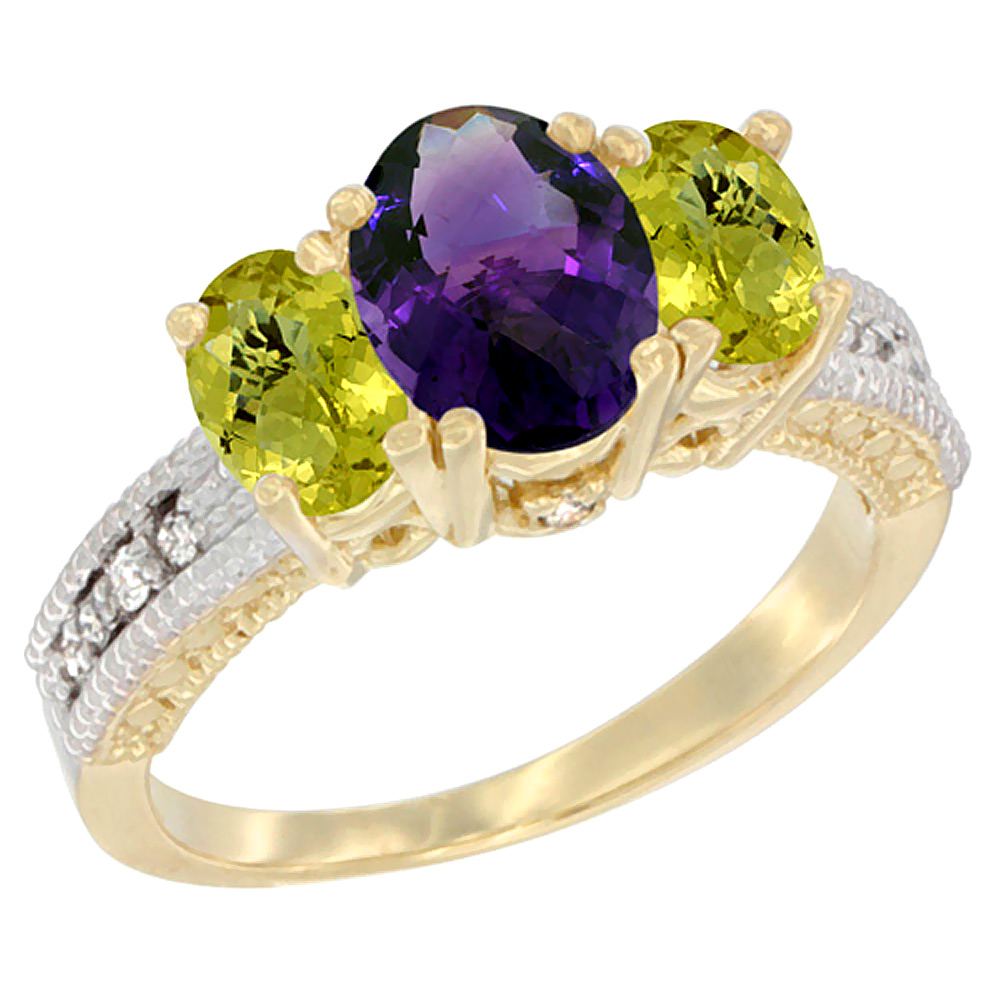 10K Yellow Gold Diamond Natural Amethyst Ring Oval 3-stone with Lemon Quartz, sizes 5 - 10