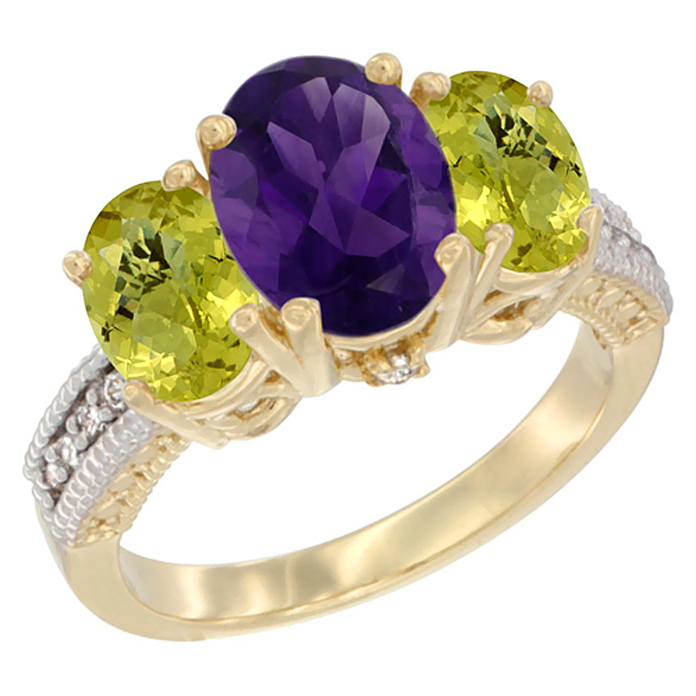 10K Yellow Gold Diamond Natural Amethyst Ring 3-Stone Oval 8x6mm with Lemon Quartz, sizes5-10