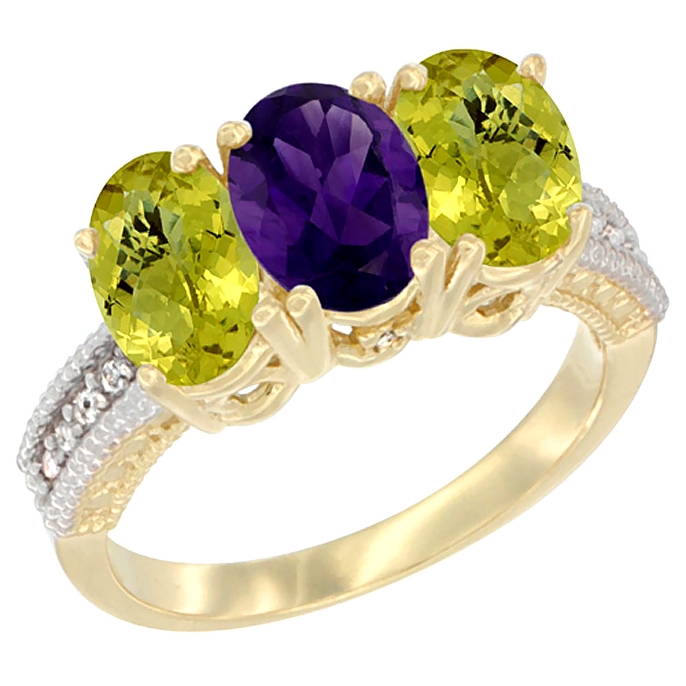 10K Yellow Gold Diamond Natural Amethyst &amp; Lemon Quartz Ring 3-Stone 7x5 mm Oval, sizes 5 - 10