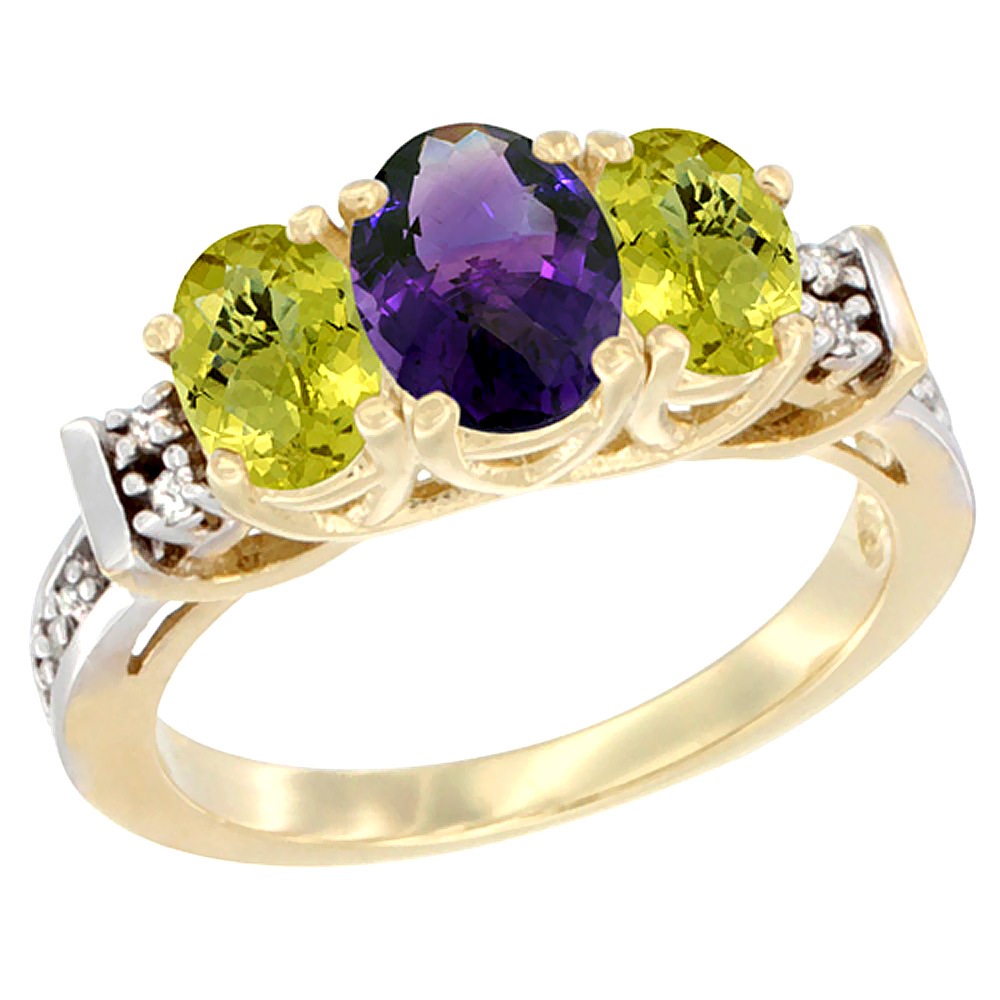 14K Yellow Gold Natural Amethyst & Lemon Quartz Ring 3-Stone Oval Diamond Accent