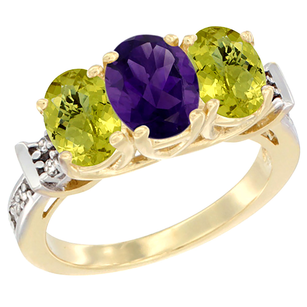 10K Yellow Gold Natural Amethyst &amp; Lemon Quartz Sides Ring 3-Stone Oval Diamond Accent, sizes 5 - 10