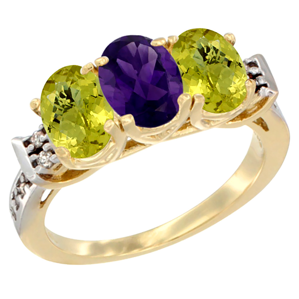 10K Yellow Gold Natural Amethyst &amp; Lemon Quartz Sides Ring 3-Stone Oval 7x5 mm Diamond Accent, sizes 5 - 10