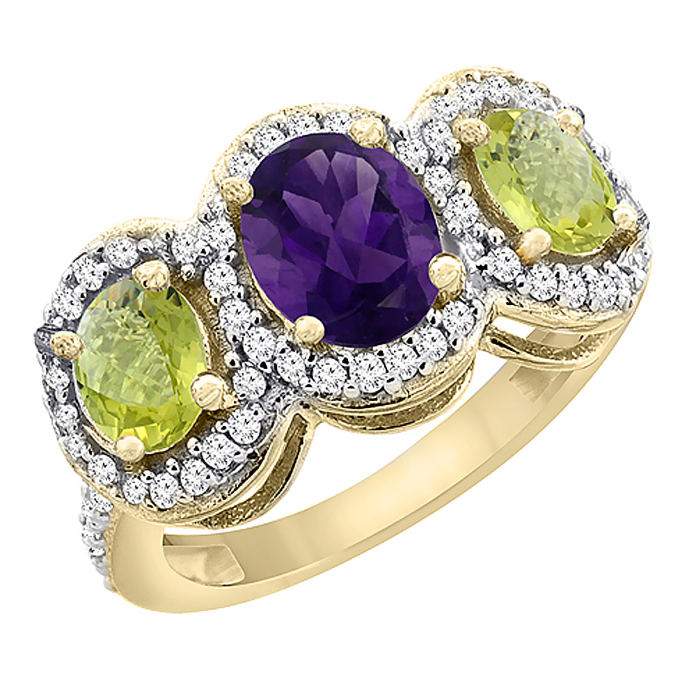 14K Yellow Gold Natural Amethyst & Lemon Quartz 3-Stone Ring Oval Diamond Accent, sizes 5 - 10