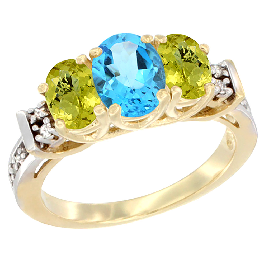 10K Yellow Gold Natural Swiss Blue Topaz & Lemon Quartz Ring 3-Stone Oval Diamond Accent