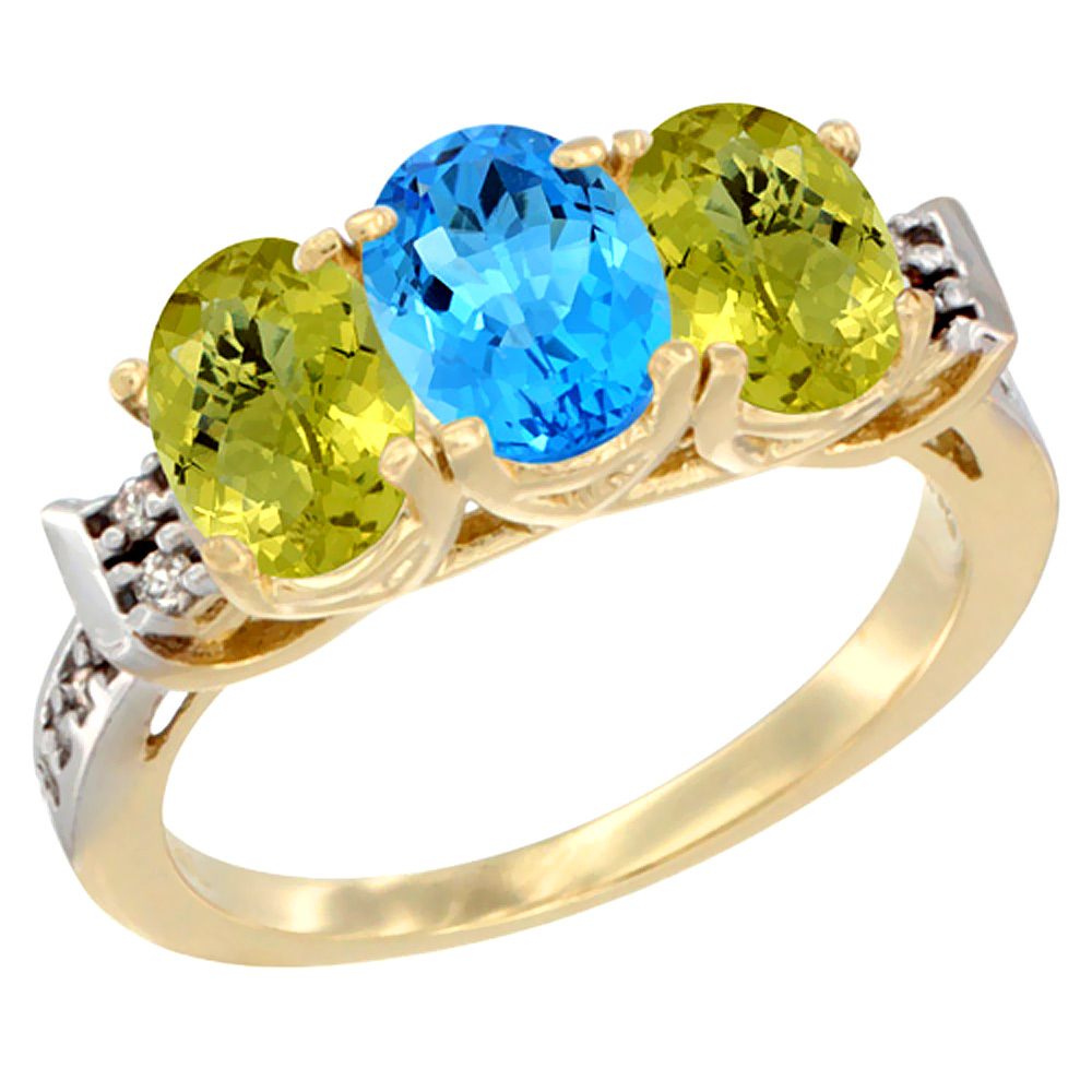 10K Yellow Gold Natural Swiss Blue Topaz & Lemon Quartz Sides Ring 3-Stone Oval 7x5 mm Diamond Accent, sizes 5 - 10