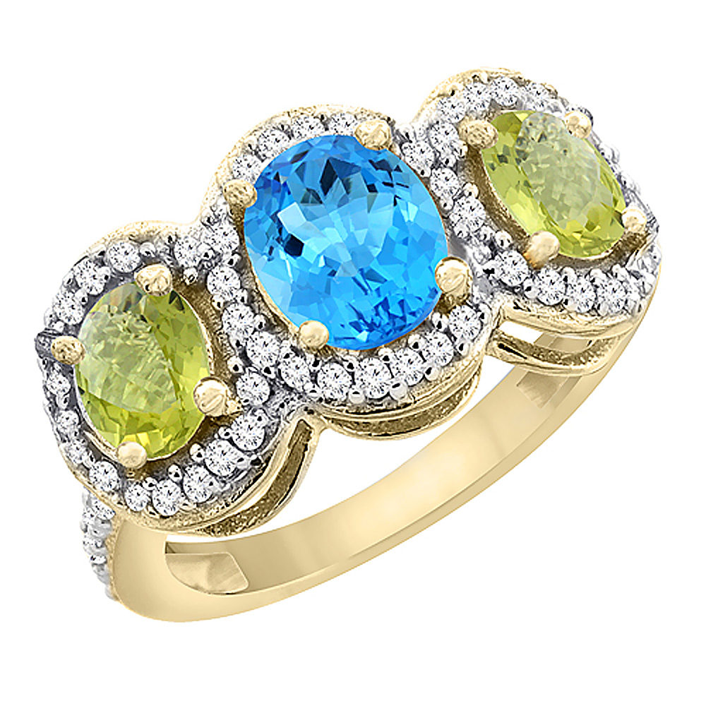 14K Yellow Gold Natural Swiss Blue Topaz &amp; Lemon Quartz 3-Stone Ring Oval Diamond Accent, sizes 5 - 10