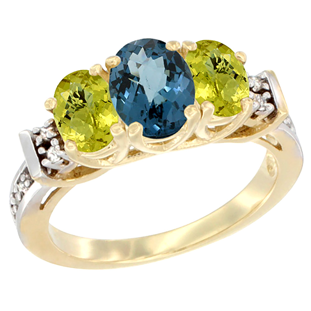 10K Yellow Gold Natural London Blue Topaz & Lemon Quartz Ring 3-Stone Oval Diamond Accent