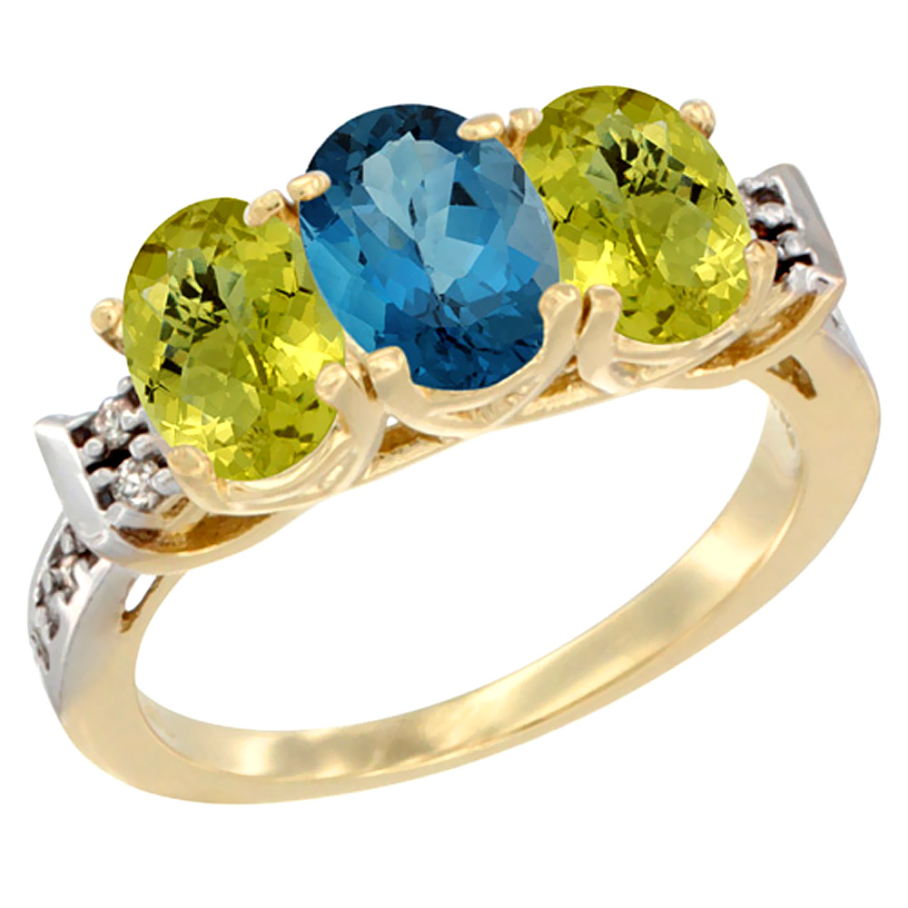 10K Yellow Gold Natural London Blue Topaz &amp; Lemon Quartz Sides Ring 3-Stone Oval 7x5 mm Diamond Accent, sizes 5 - 10