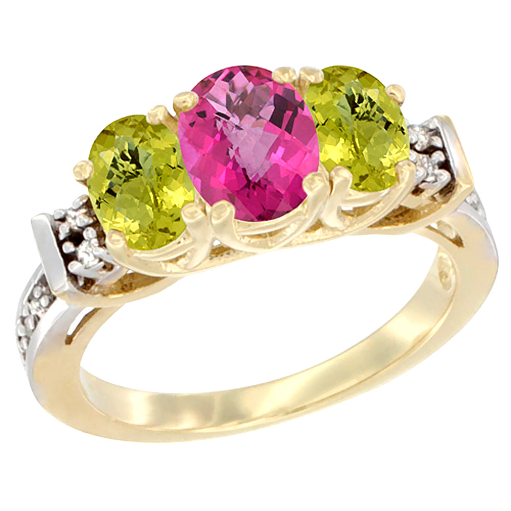 14K Yellow Gold Natural Pink Topaz & Lemon Quartz Ring 3-Stone Oval Diamond Accent