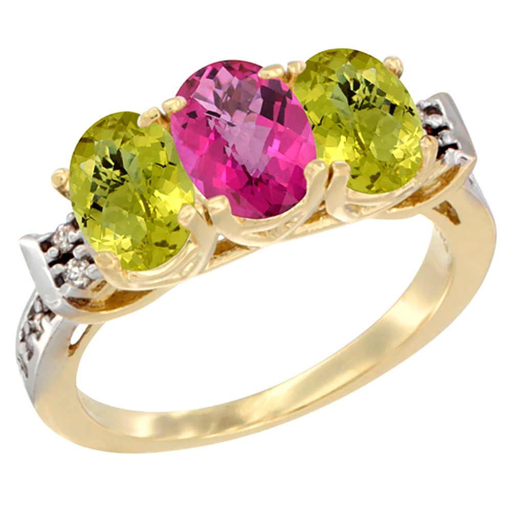 10K Yellow Gold Natural Pink Topaz & Lemon Quartz Sides Ring 3-Stone Oval 7x5 mm Diamond Accent, sizes 5 - 10