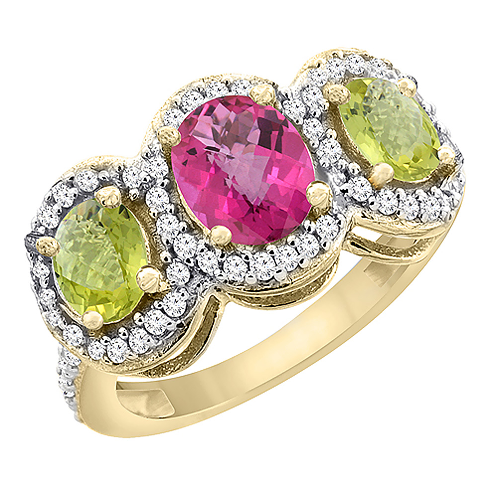 10K Yellow Gold Natural Pink Topaz &amp; Lemon Quartz 3-Stone Ring Oval Diamond Accent, sizes 5 - 10