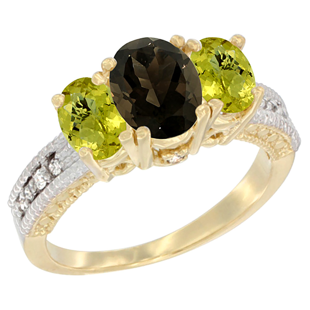 10K Yellow Gold Diamond Natural Smoky Topaz Ring Oval 3-stone with Lemon Quartz, sizes 5 - 10