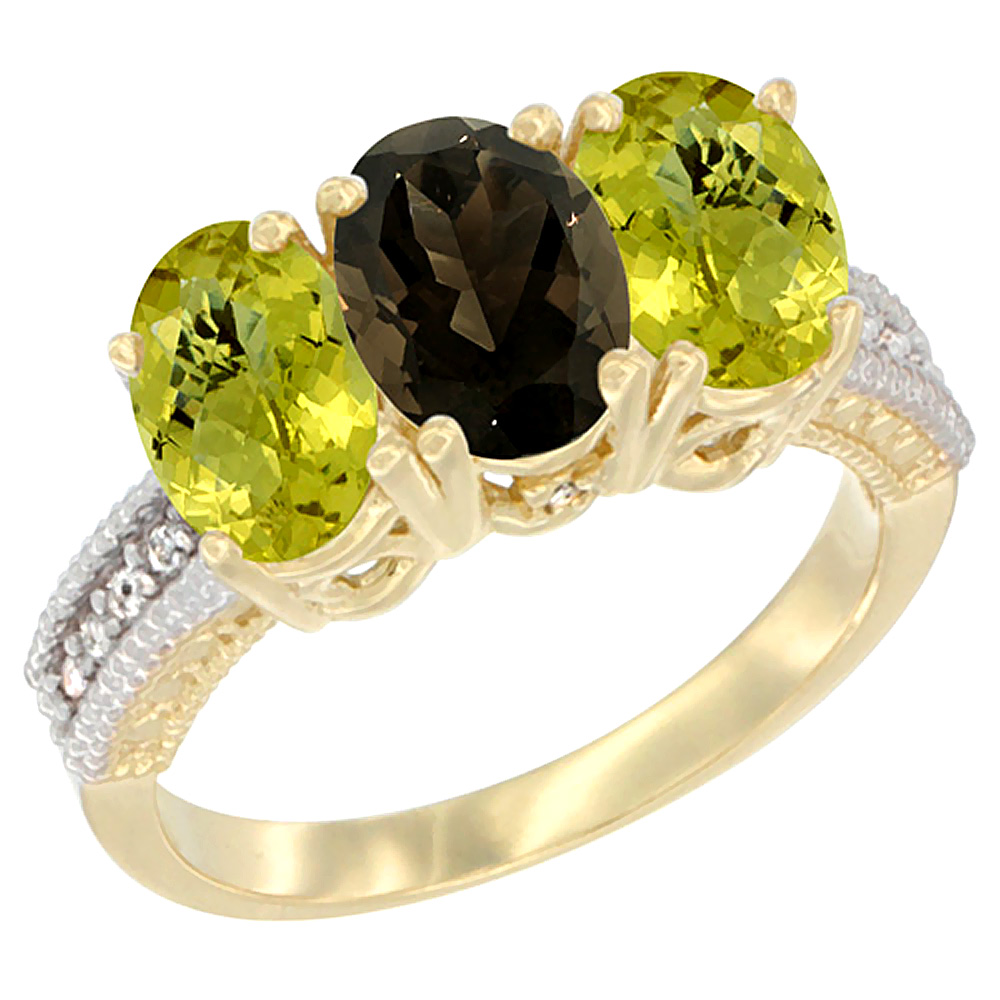 10K Yellow Gold Diamond Natural Smoky Topaz & Lemon Quartz Ring 3-Stone 7x5 mm Oval, sizes 5 - 10