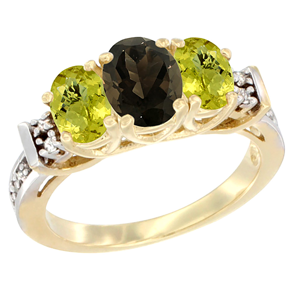 10K Yellow Gold Natural Smoky Topaz & Lemon Quartz Ring 3-Stone Oval Diamond Accent