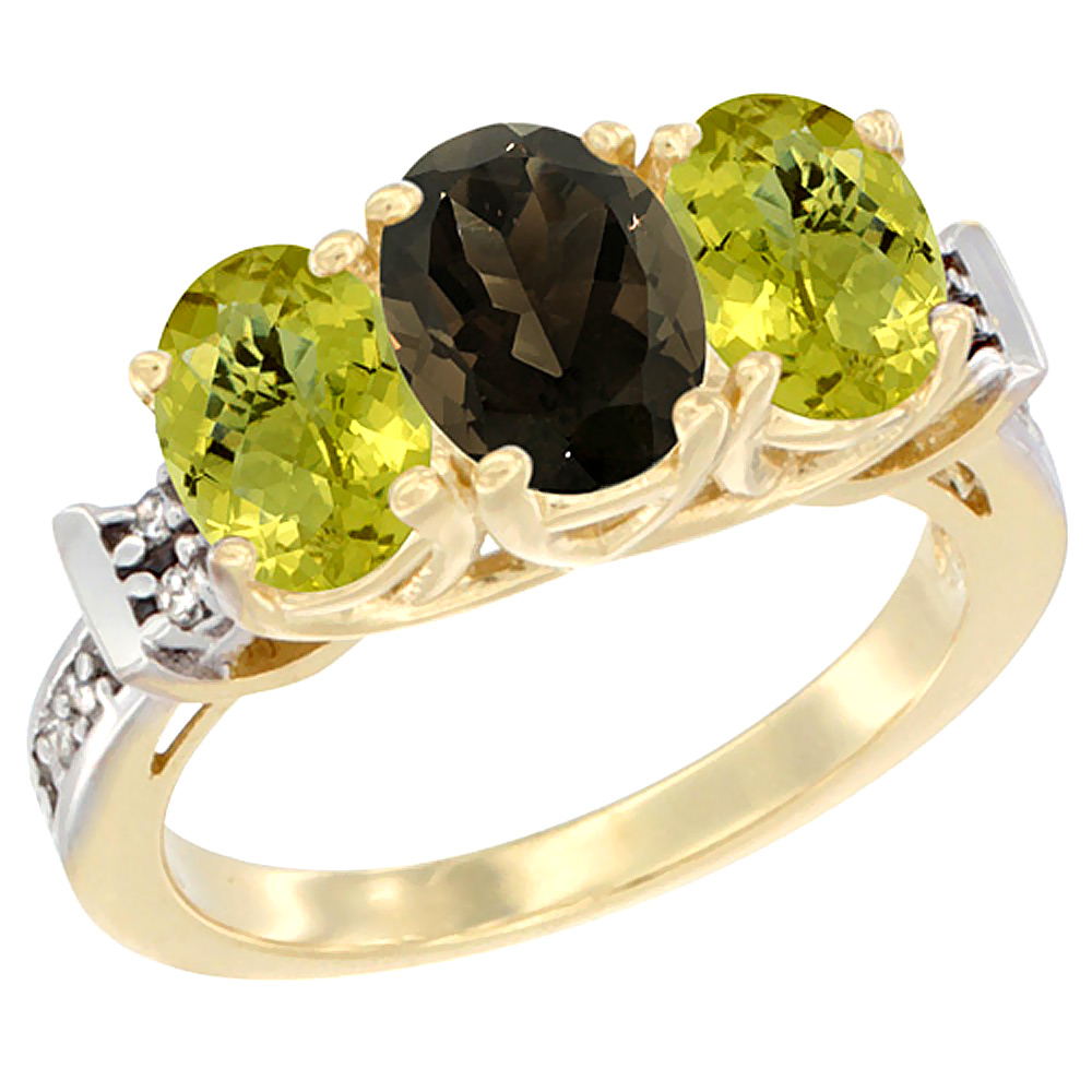 10K Yellow Gold Natural Smoky Topaz & Lemon Quartz Sides Ring 3-Stone Oval Diamond Accent, sizes 5 - 10