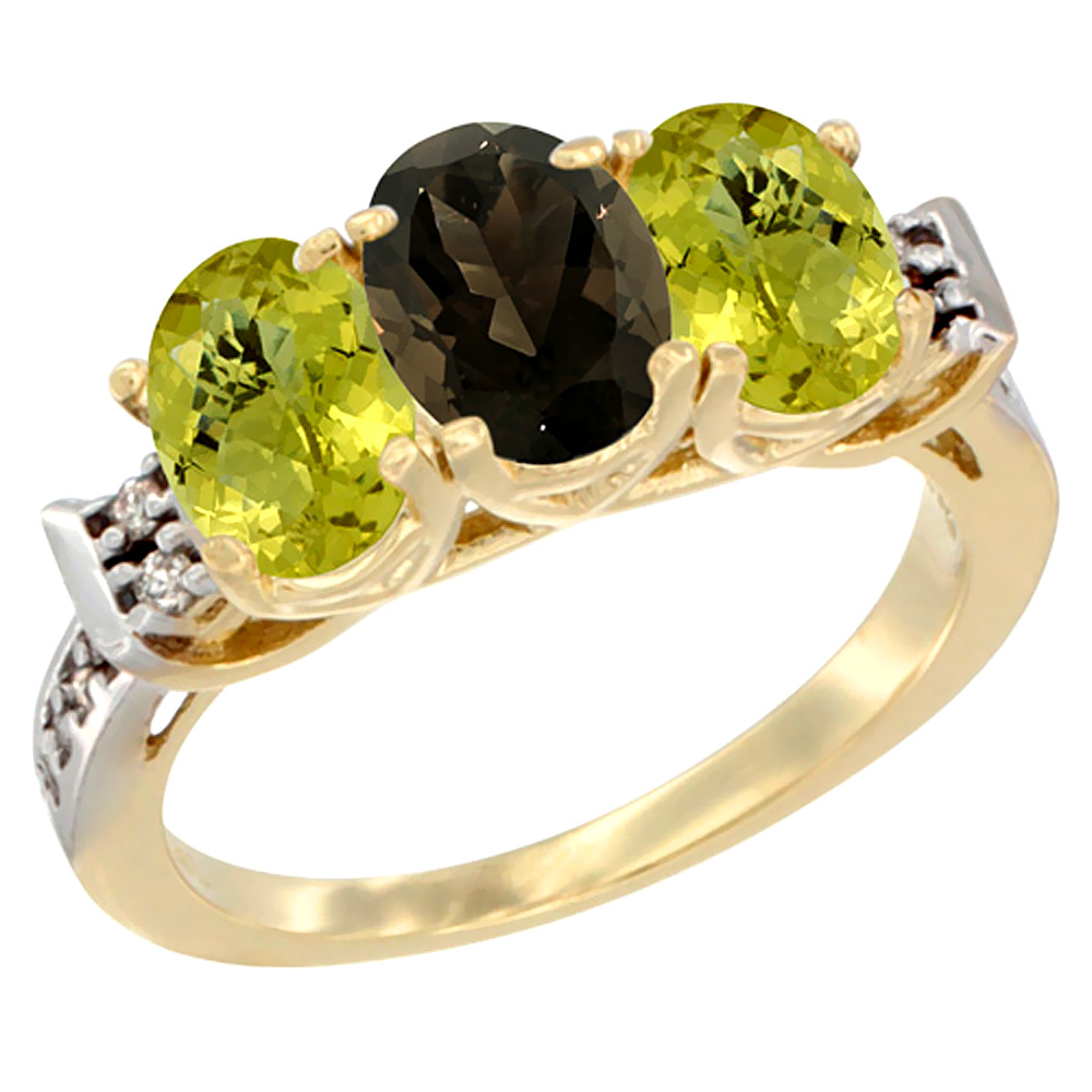 10K Yellow Gold Natural Smoky Topaz & Lemon Quartz Sides Ring 3-Stone Oval 7x5 mm Diamond Accent, sizes 5 - 10