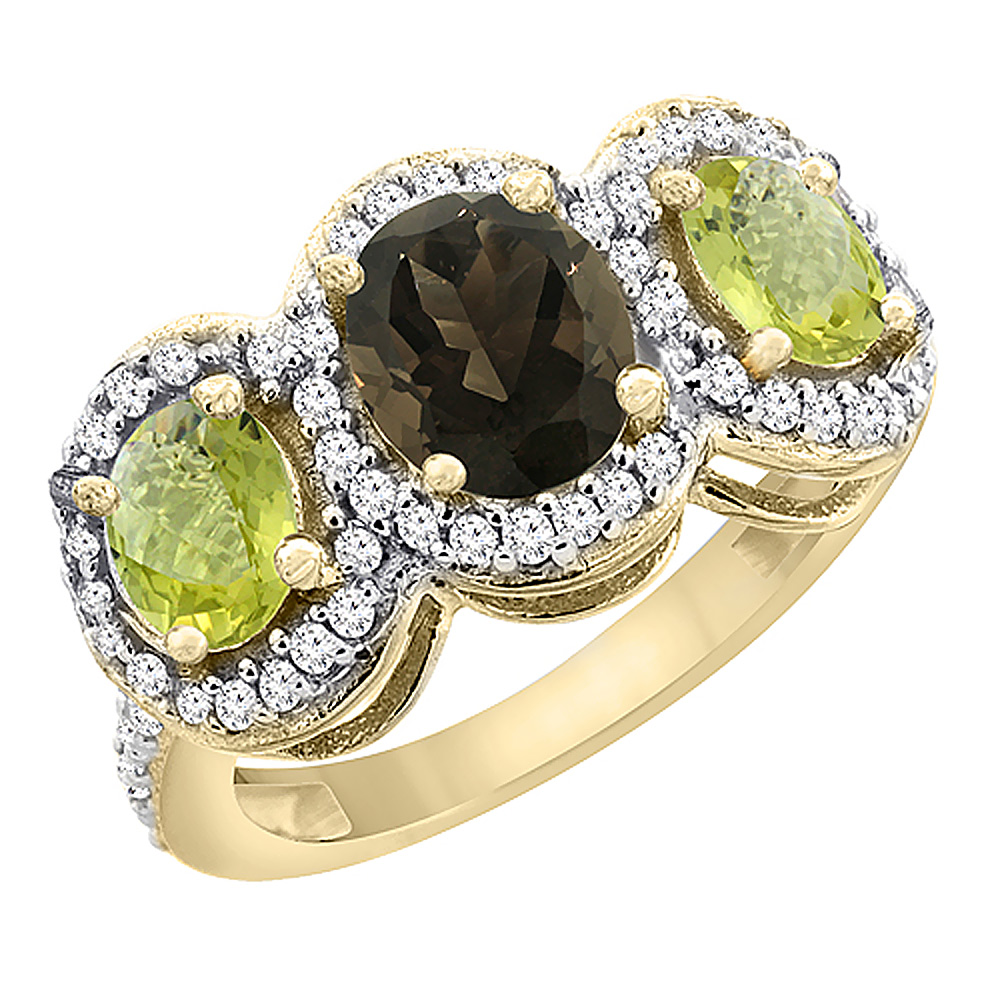 14K Yellow Gold Natural Smoky Topaz & Lemon Quartz 3-Stone Ring Oval Diamond Accent, sizes 5 - 10