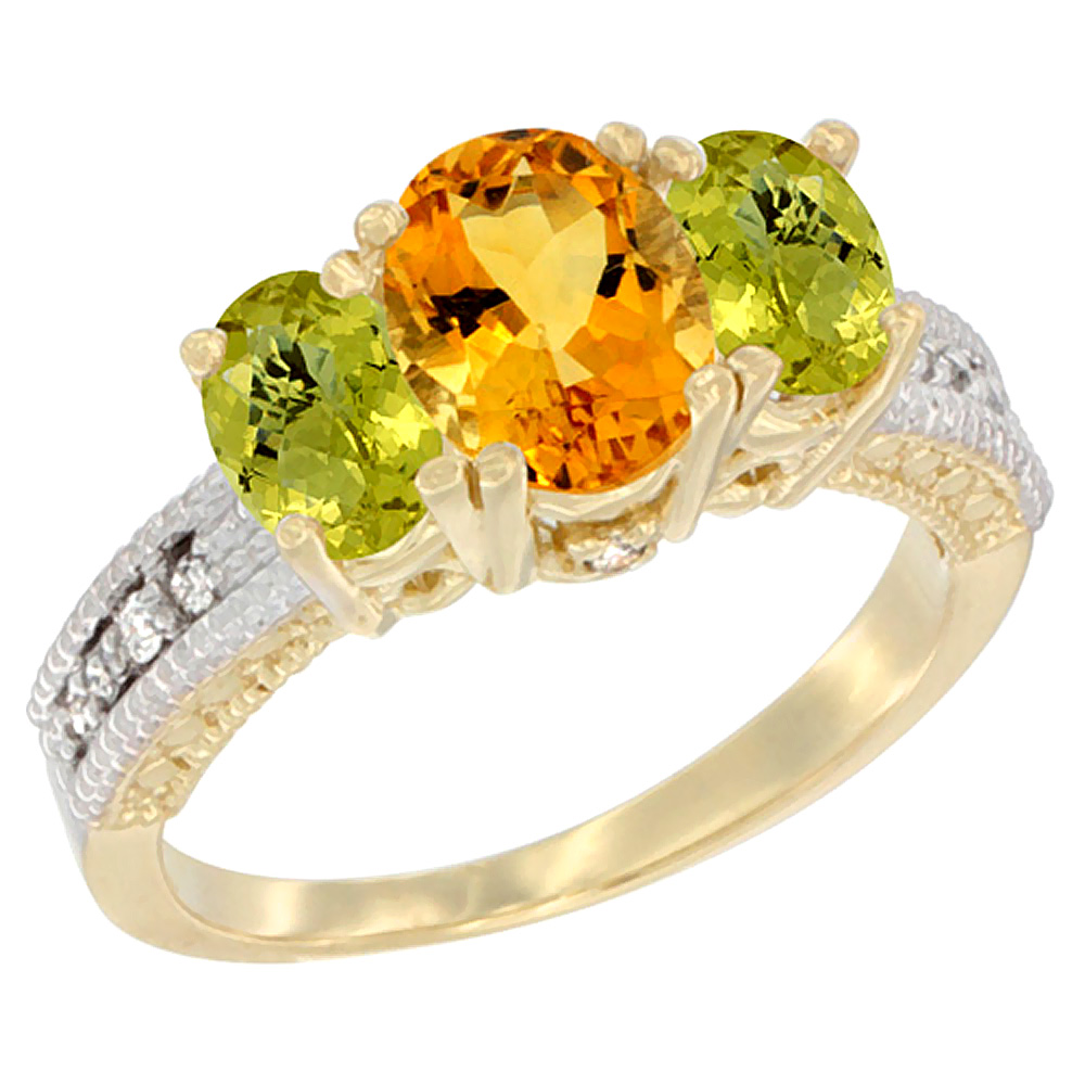 10K Yellow Gold Diamond Natural Citrine Ring Oval 3-stone with Lemon Quartz, sizes 5 - 10