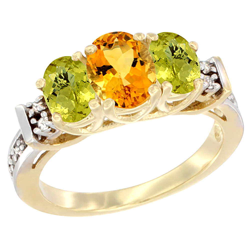 10K Yellow Gold Natural Citrine & Lemon Quartz Ring 3-Stone Oval Diamond Accent