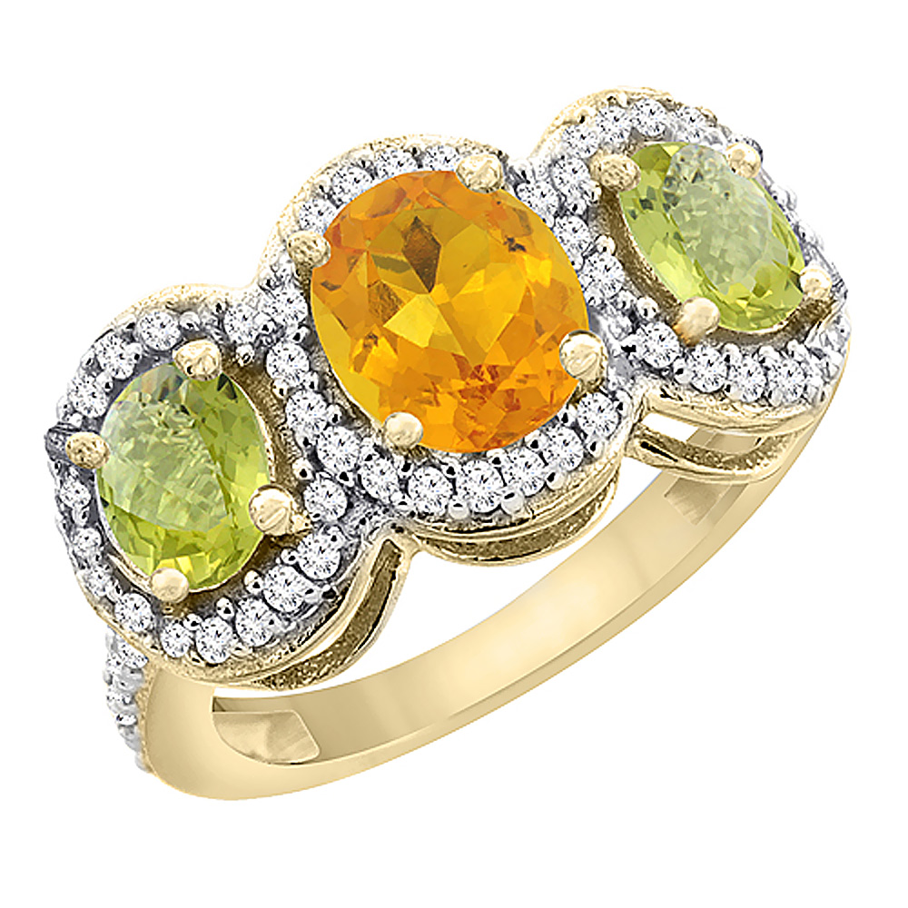 14K Yellow Gold Natural Citrine & Lemon Quartz 3-Stone Ring Oval Diamond Accent, sizes 5 - 10