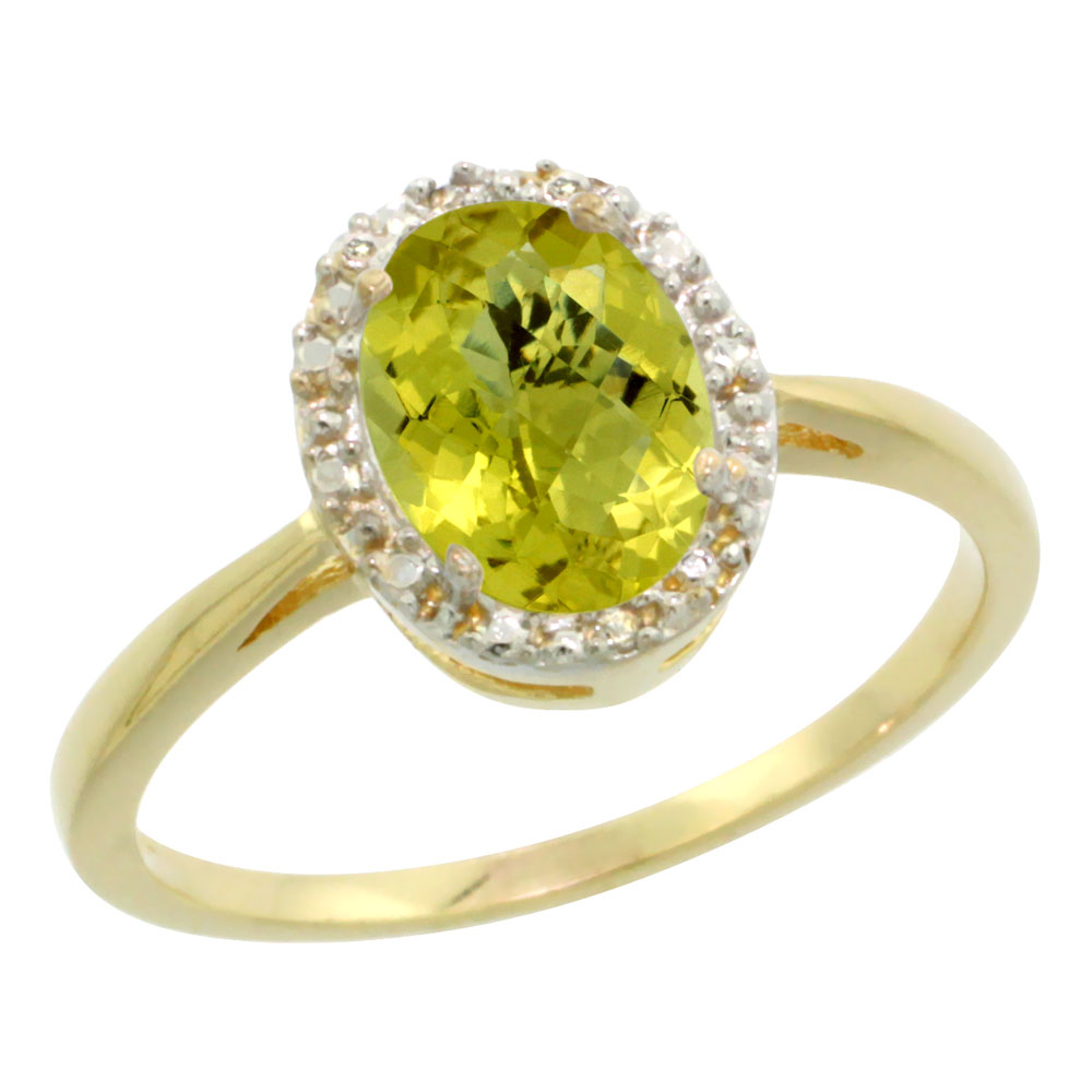 14K Yellow Gold Natural Lemon Quartz Diamond Halo Ring Oval 8X6mm, sizes 5 10