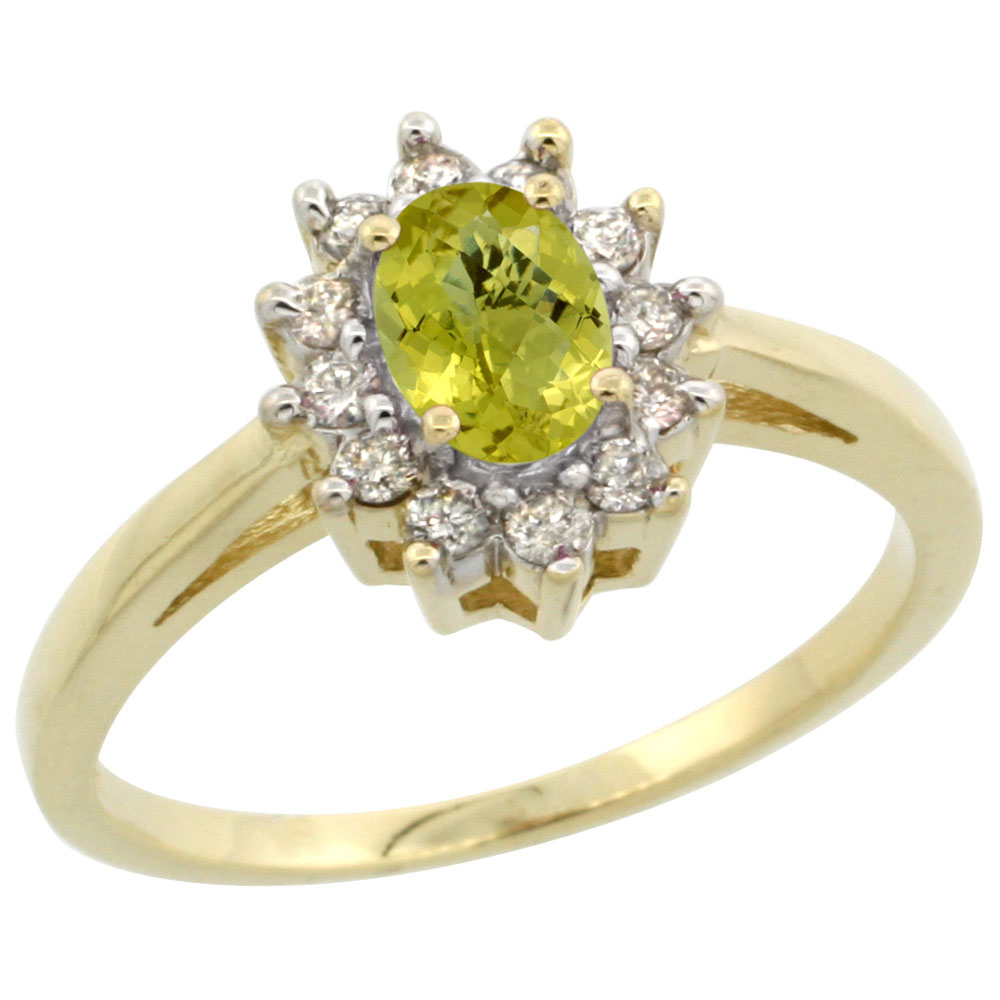 14K Yellow Gold Natural Lemon Quartz Flower Diamond Halo Ring Oval 6x4 mm, sizes 5 10