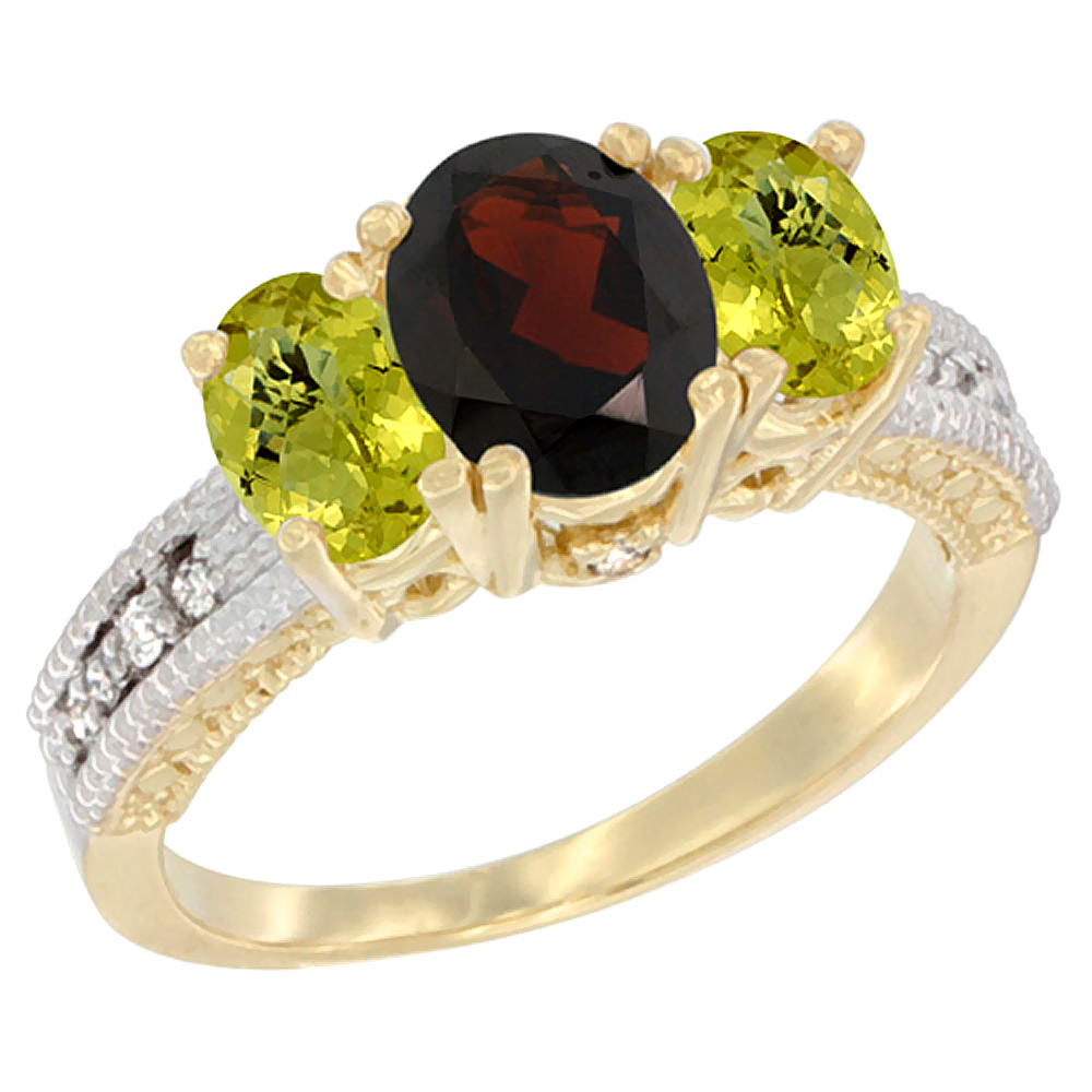 10K Yellow Gold Diamond Natural Garnet Ring Oval 3-stone with Lemon Quartz, sizes 5 - 10