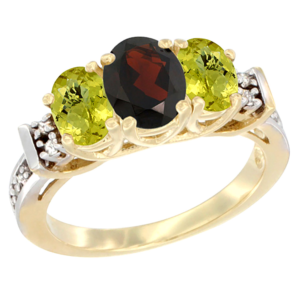 14K Yellow Gold Natural Garnet & Lemon Quartz Ring 3-Stone Oval Diamond Accent