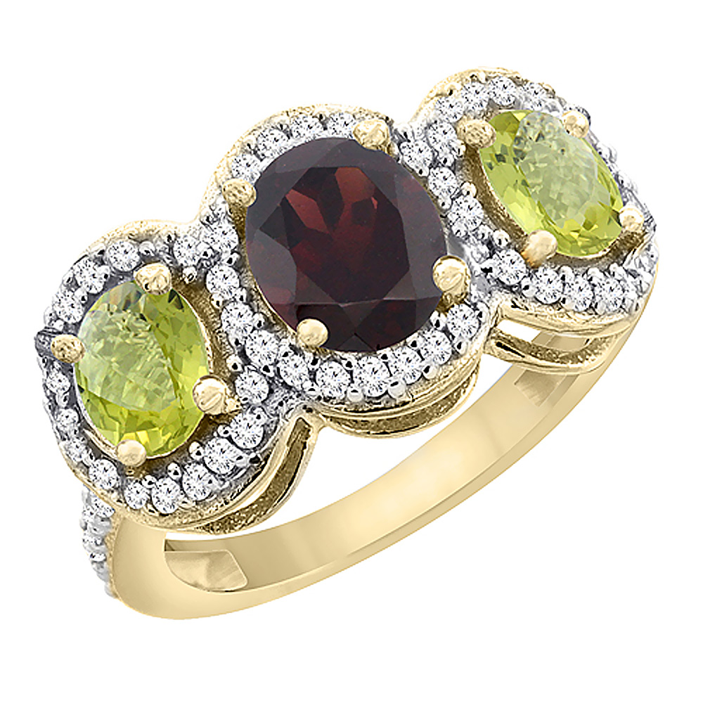 14K Yellow Gold Natural Garnet & Lemon Quartz 3-Stone Ring Oval Diamond Accent, sizes 5 - 10