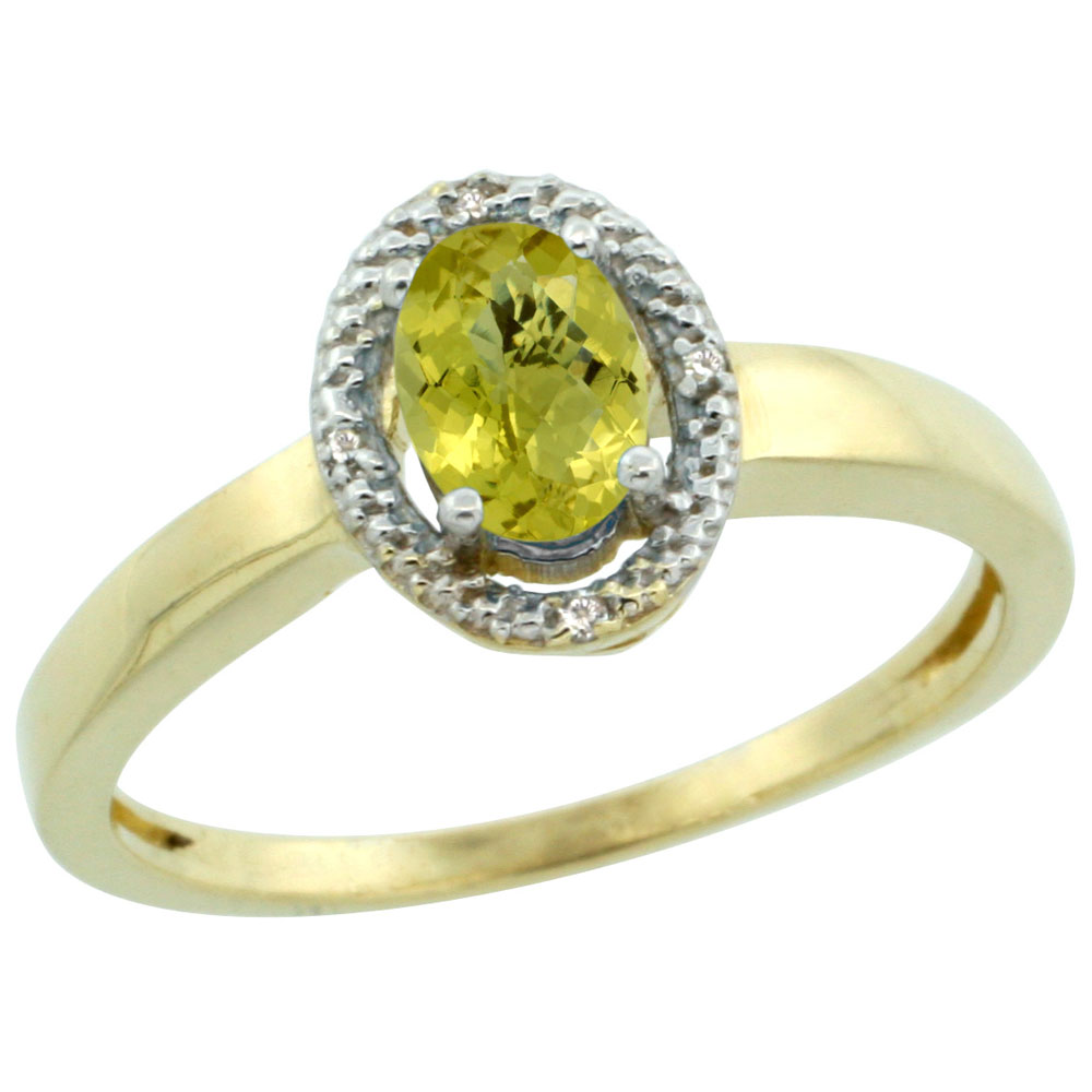 10K Yellow Gold Diamond Halo Natural Lemon Quartz Engagement Ring Oval 6X4 mm, sizes 5-10