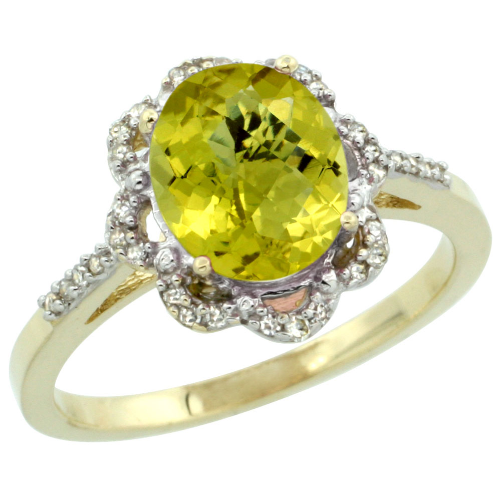 14K Yellow Gold Diamond Halo Natural Lemon Quartz Engagement Ring Oval 9x7mm, sizes 5-10