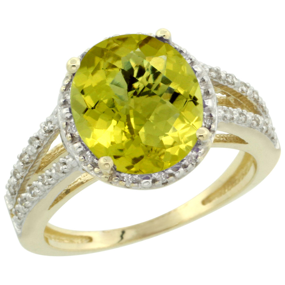 14K Yellow Gold Natural Lemon Quartz Diamond Halo Ring Oval 11x9mm, sizes 5-10