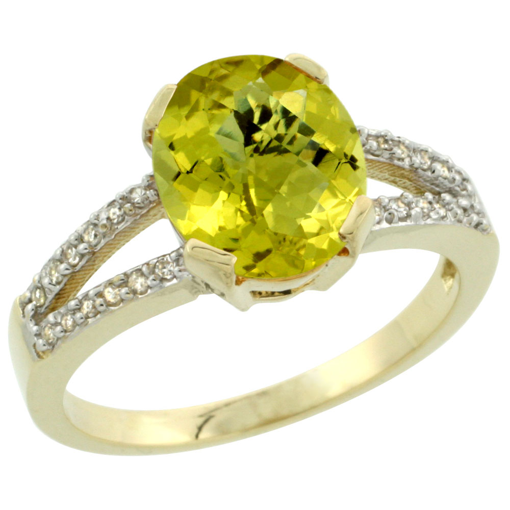 10K Yellow Gold Diamond Natural Lemon Quartz Engagement Ring Oval 10x8mm, sizes 5-10